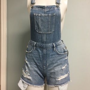 H&M Distressed Blue Denim Overall Jean Shorts